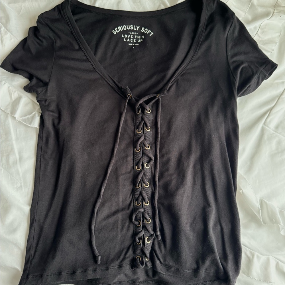 Aeropostale Black Tie Front Short Sleeve T-Shirt